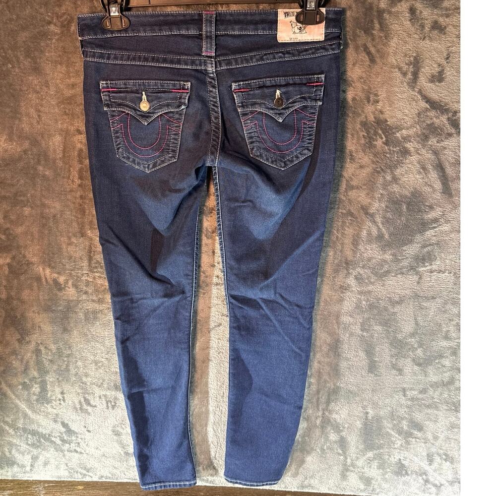 True Religion Skinny W/ Flaps Jeans Sz 27 Pink Contrast Stitch Y2K 32" Inseam